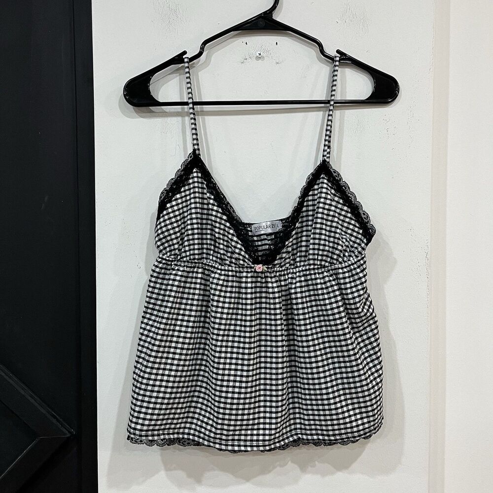 Gingham Seersucker Cami Top Size Large Lace Trim Flower Detail